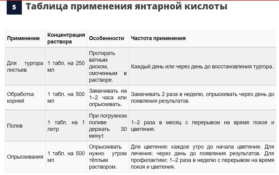 Подкормка орхидей янтарной кислотой. Таблица